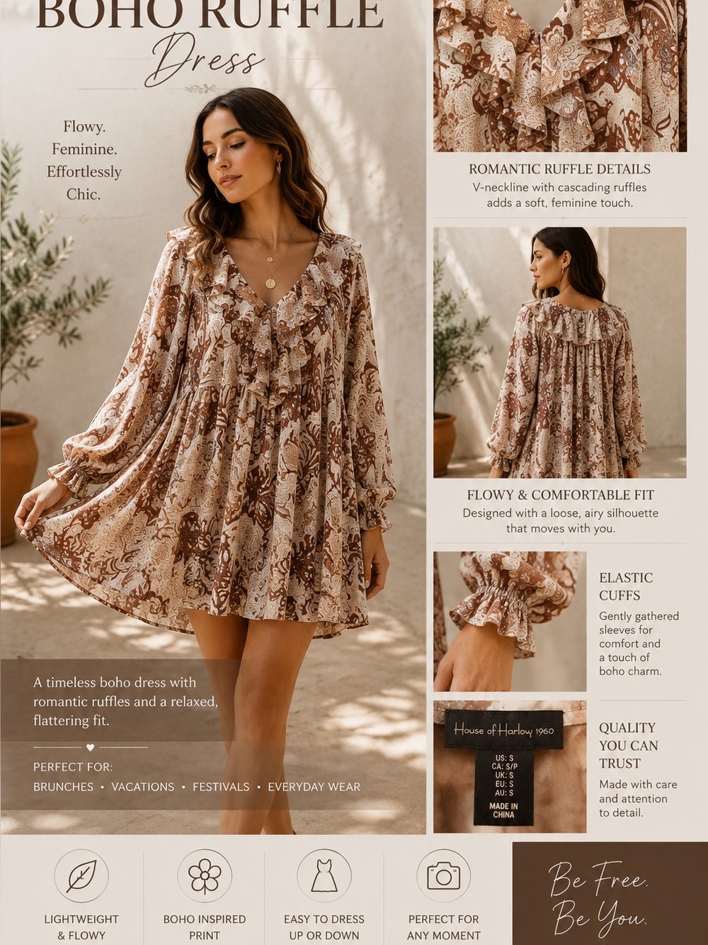 House of Harlow 1960 long sleeve boho flowy mini dress size small